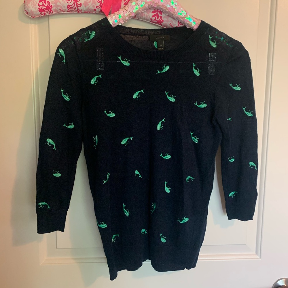 J Crew Navy Sweater Green Embroidered Whales XS